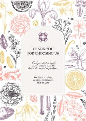 Thank you card design, floral invitation template. Vintage perfume and cosmetic hand-drawn vector illustration. Aromatic plants and flower sketches. NOT AI generated